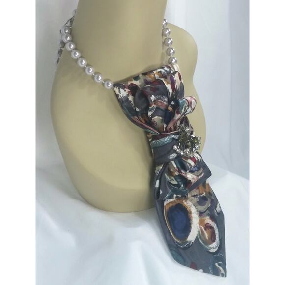 Artisan Vintage Silk Tie Necklace Upcycled Multi Jeweled Accent Piece Pearls NEW - Picture 6 of 13